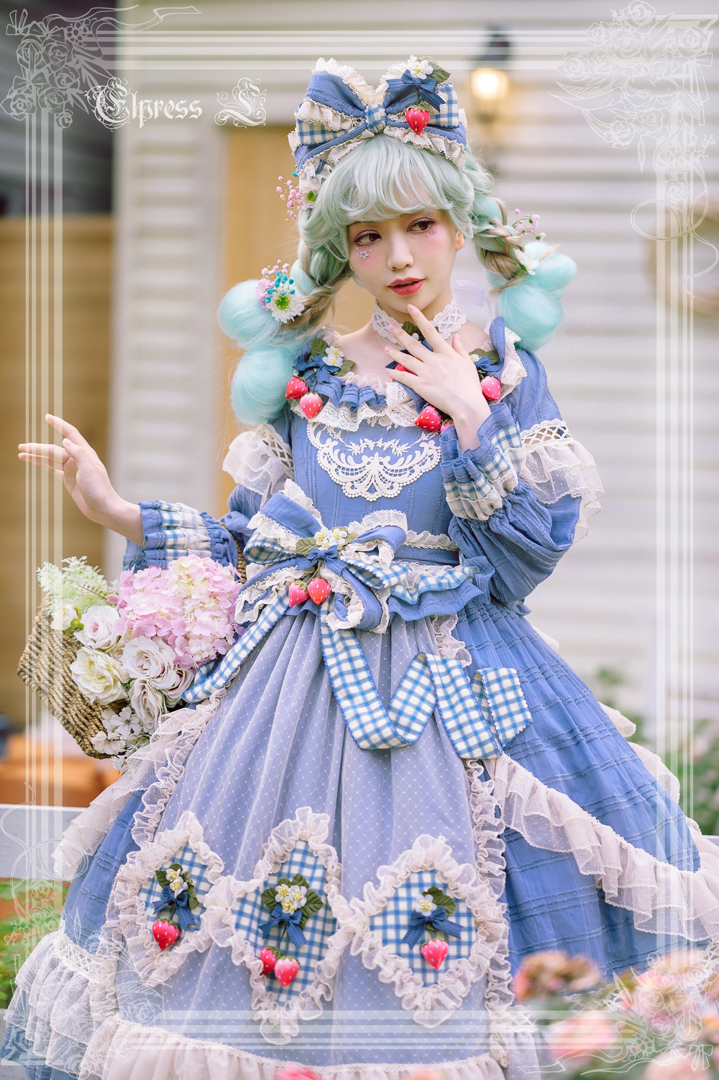 Elpress L~Peach Fragrance~Country Lolita Multicolors Strawberry Lolita OP Dress long XS denim blue