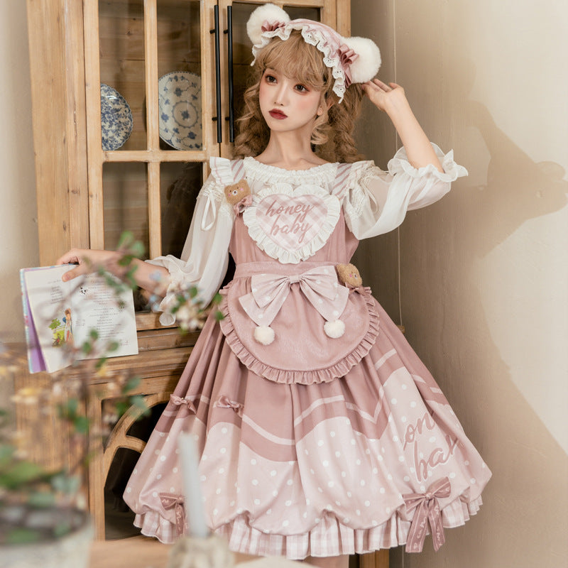 Eieyomi~Bear Bakery~Kawaii Lolita Flower Bud Dress dress＋apron S 