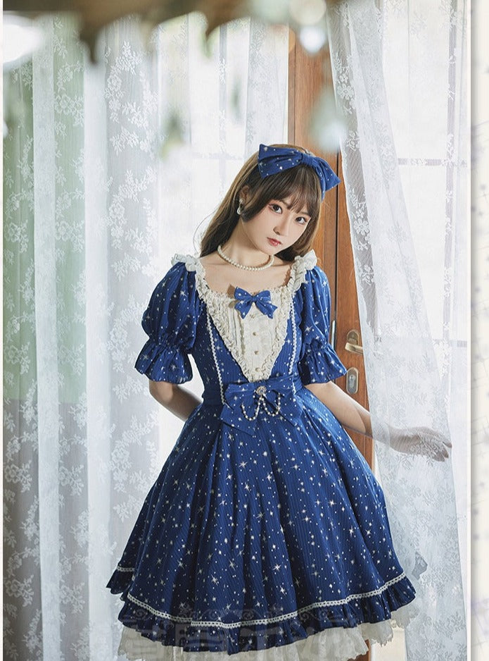 Strawberry Witch~Midsummer Star~Silver Foil Printing Lolita OP Dress XS navy blue OP ( silver foil printing version) 