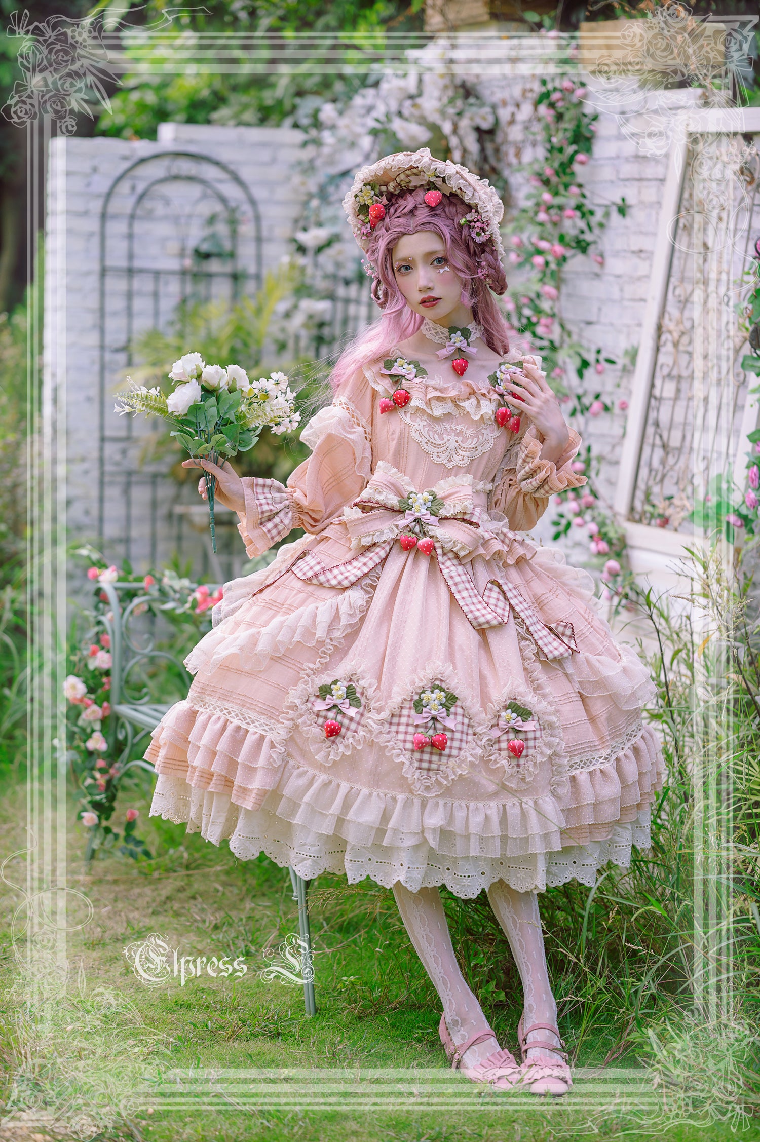 Elpress L - Peach Fragrance - Country Lolita Multicolors Strawberry Lolita OP Dress