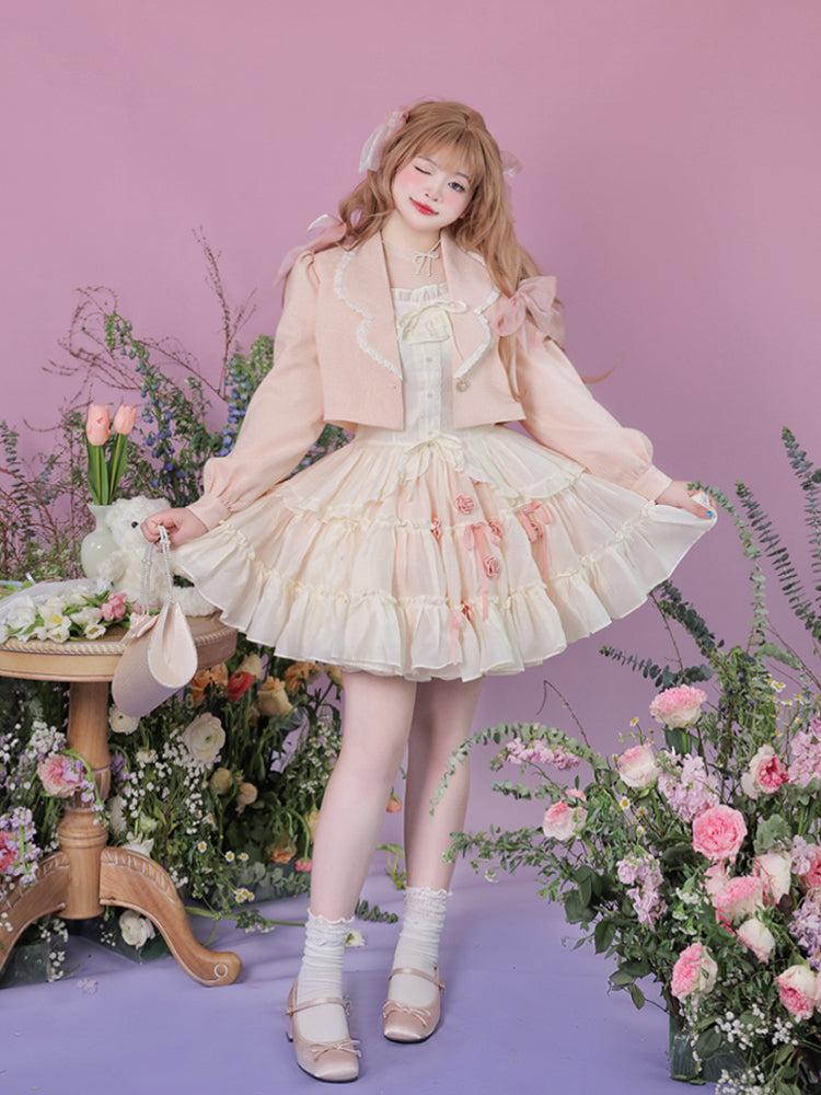 Yingtang~Plus Size Lolita Dress Off White Ballet Summer Suit   