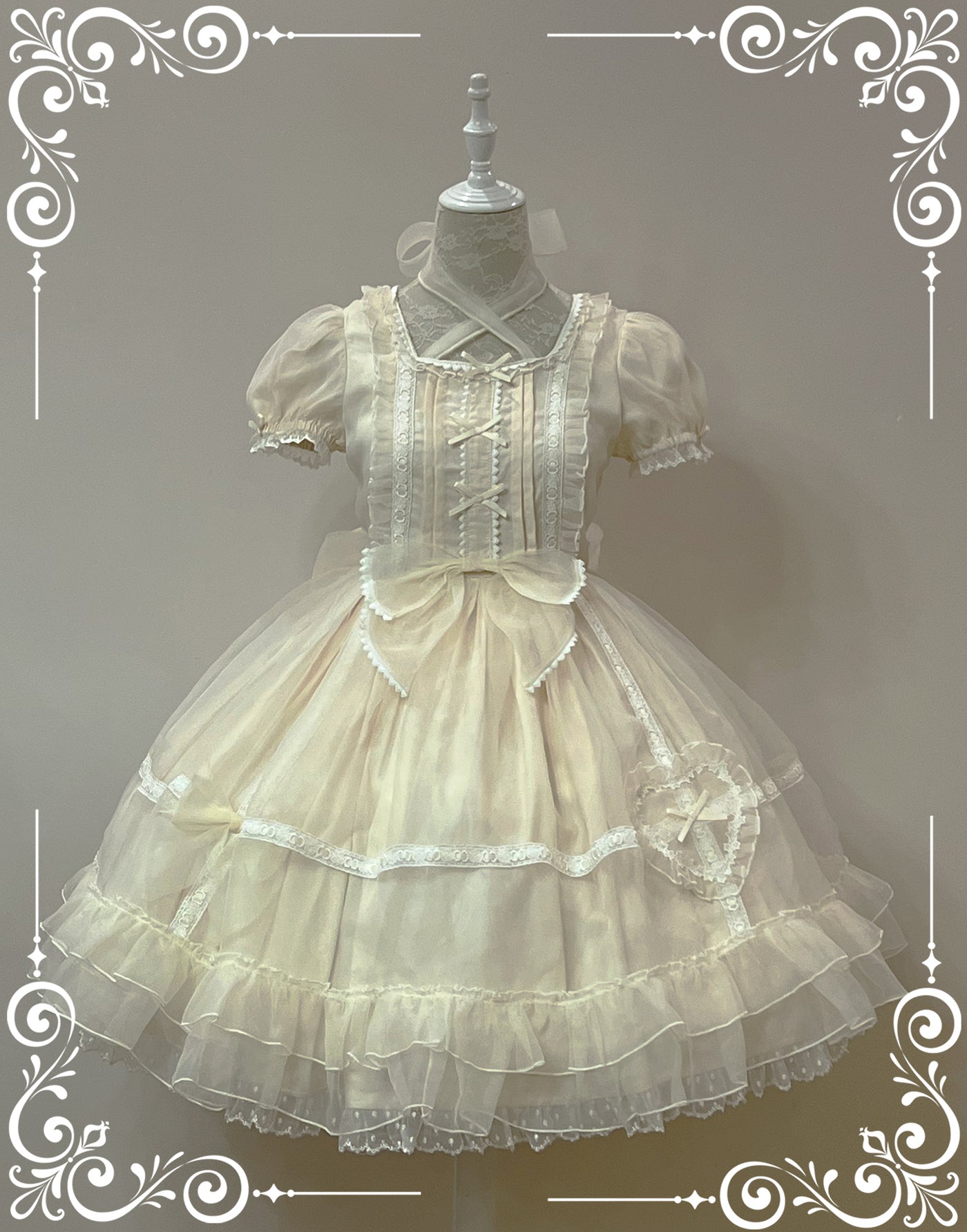 Little Bear~Mini Puff-Sleeve OP Dress with Organza S ivory OP 