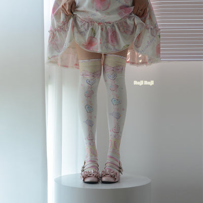 Roji roji~Macaron Printed Lolita Knee Stockings free size yellow&pink 