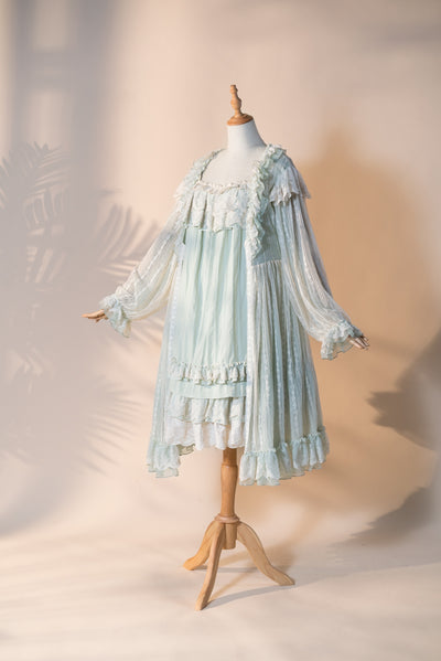 Fantastic Wind~Lazy Holidays~Kawaii Lace Lolita Nightdress Set S grass color morning coat 