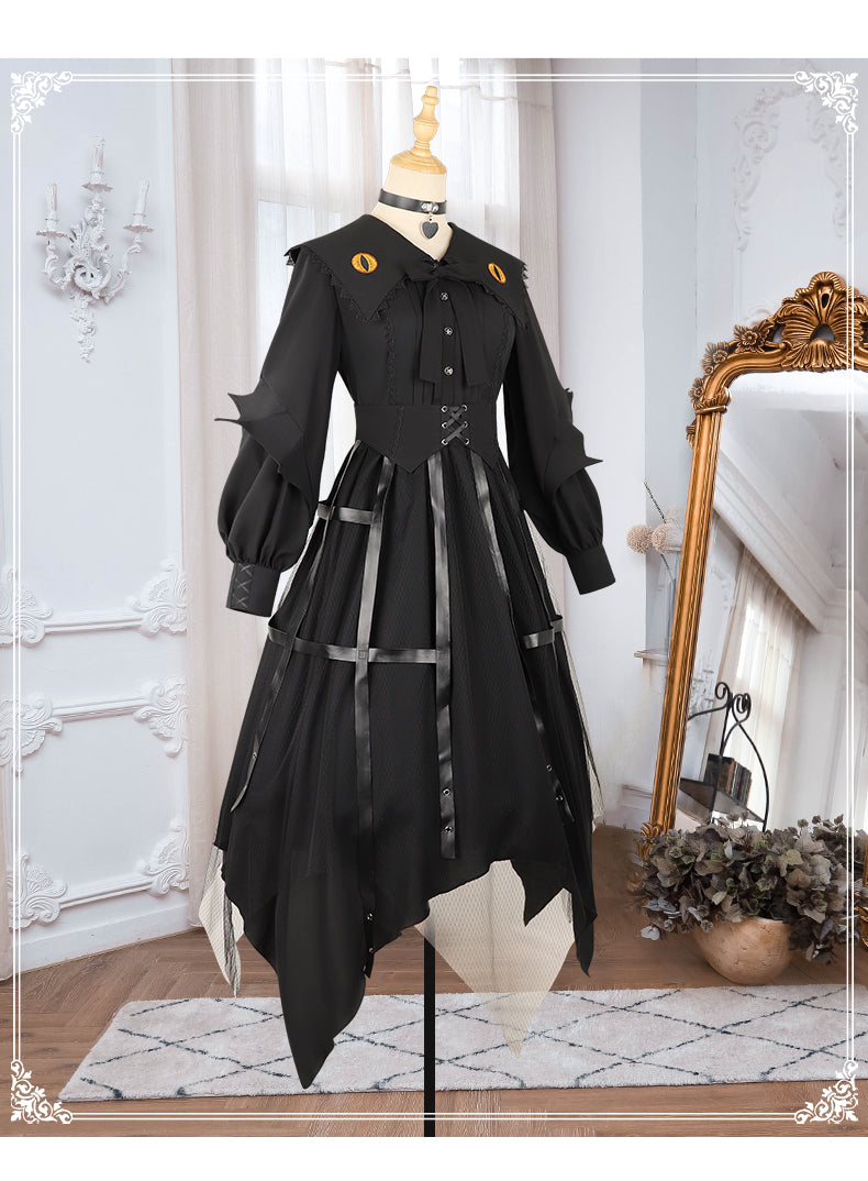 YingLuoFu~Cat Eyes~Gothic Lolita Halloween OP S full set (op dress+corset+choker+detachable bow) 