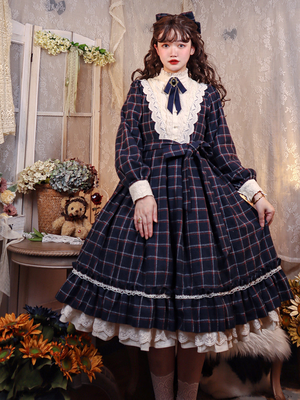 Miss Point~Rose Silhouette 3.0~Plaid Vintage Classic Lolita OP XS dark cyan plaid (2XL L M S XL XS) 3700:22243