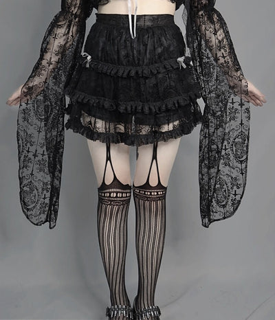 Blood Supply~Dark Feast~Gothic Cross Tiered Mesh Lolita Skirt S lace black SK 