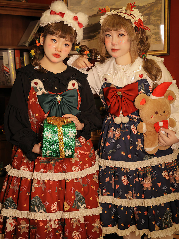 Yingtang~Plus Size Lolita Dress Set Christmas Winter Two-piece black blouse XL 