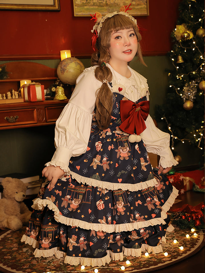 Yingtang~Plus Size Lolita Dress Set Christmas Winter Two-piece blue JSK XL 