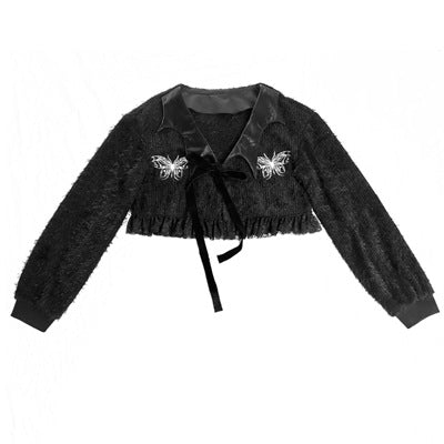 Blood Supply~Butterfly Furry Embroidery Gothic Cardigan Winter Set S furry embroidery top 