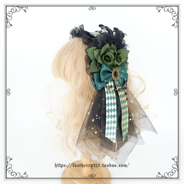 Fox Cherry~Green Lattice Rabbit Ear Bow Lolita Hat Headdress flower clips  