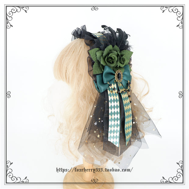 Fox Cherry~Green Lattice Rabbit Ear Bow Lolita Hat Headdress 7082:81040