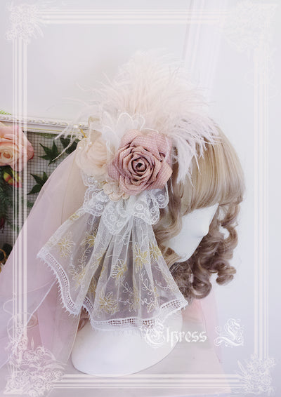Elpress L~Christmas Flower Hairpins Lolita Mesh Veil KC Bonnet pink flower hairpins 