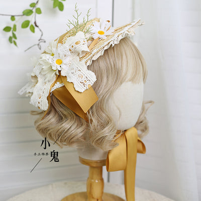 (BuyForMe) Xiaogui~Flower Lolita Tea Party Straw Hat Suitable for both adults and children (with clips) ginger yellow 