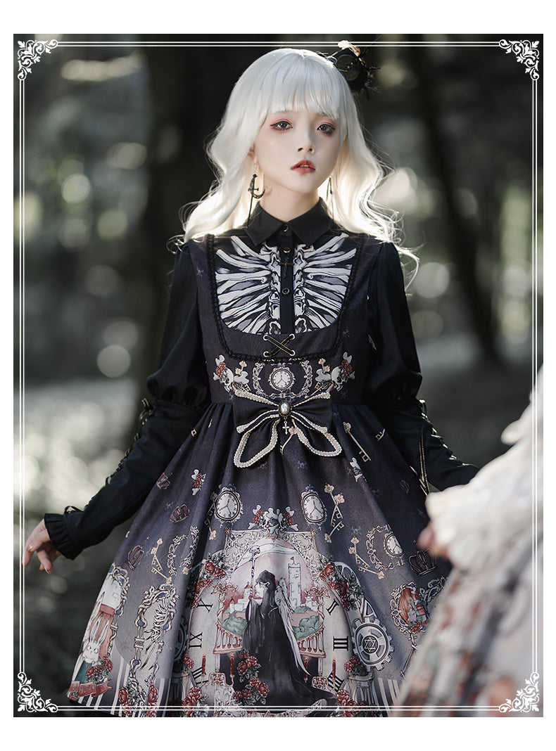 YingLuoFu~Black Fairytale~Gothic Twins Lolita JSK S black jsk dress+detachable bows 