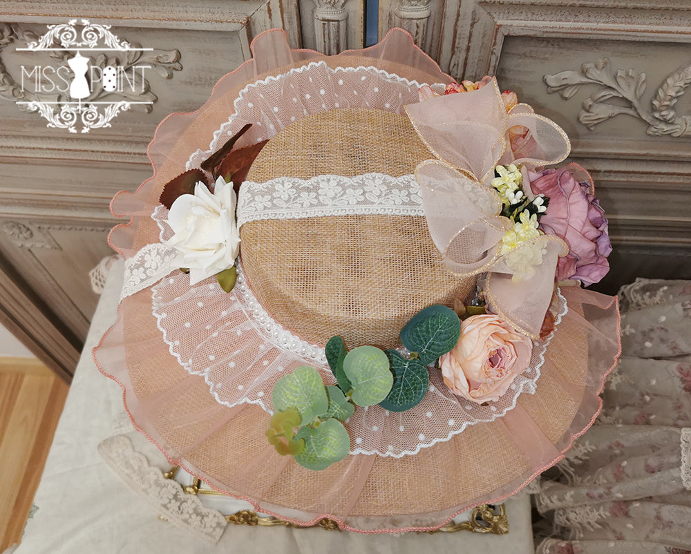 Miss Point - Woody Rose - Elegant Flower Lolita Hat pink big hat