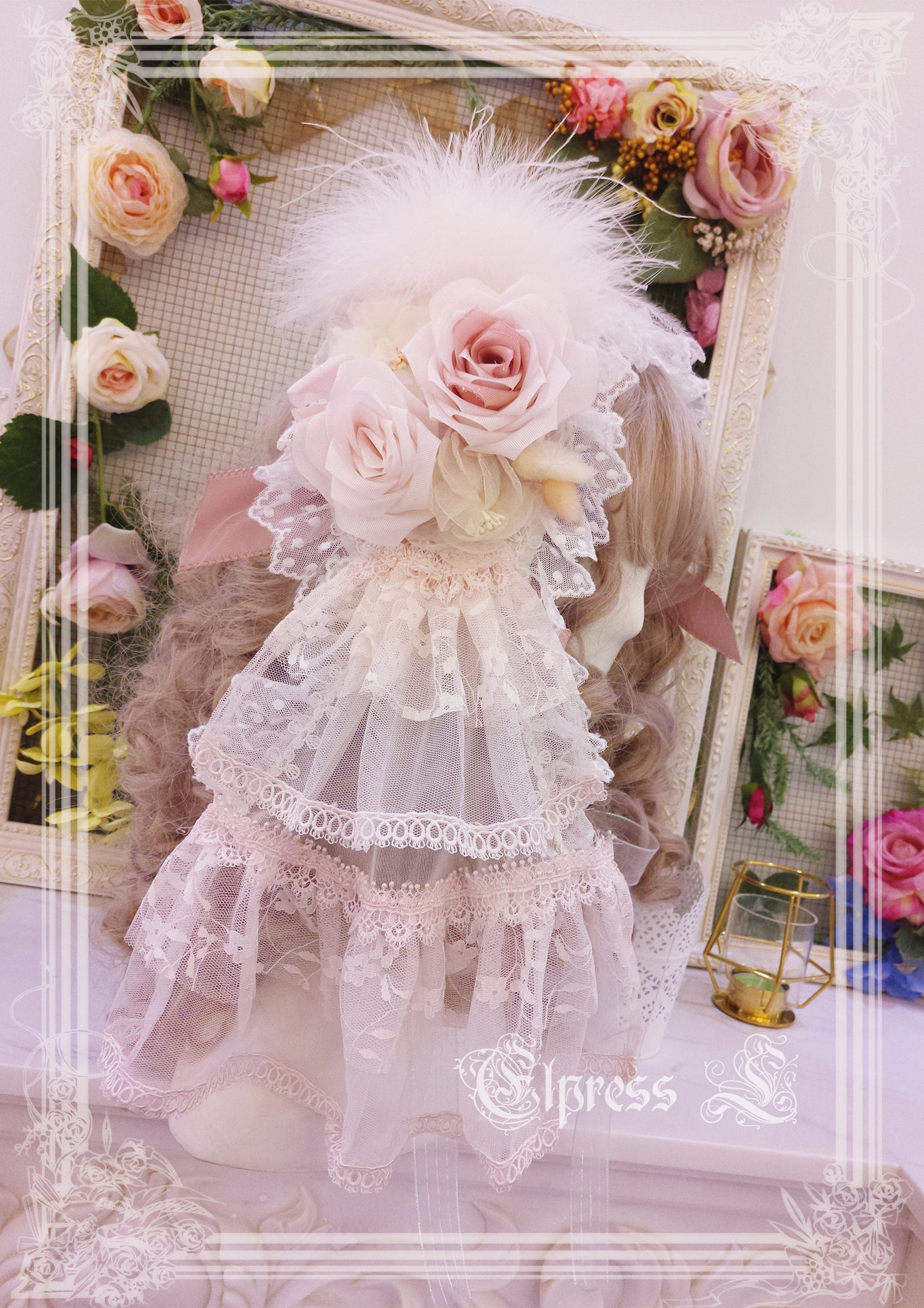 Elpress L～Wedding Lolita Floral Headdress BNT Veil pink flower hairpins 