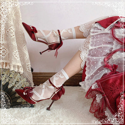 Sky Rabbit~Flower Wedding Elegant Lolita High Heel Shoes 34 8cm wine red with chain 