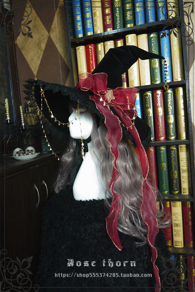 Rose Thorn~Twinkle Yarn Lolita Halloween Witch Hat red bow ribbon hat (without the veil and star chain)  