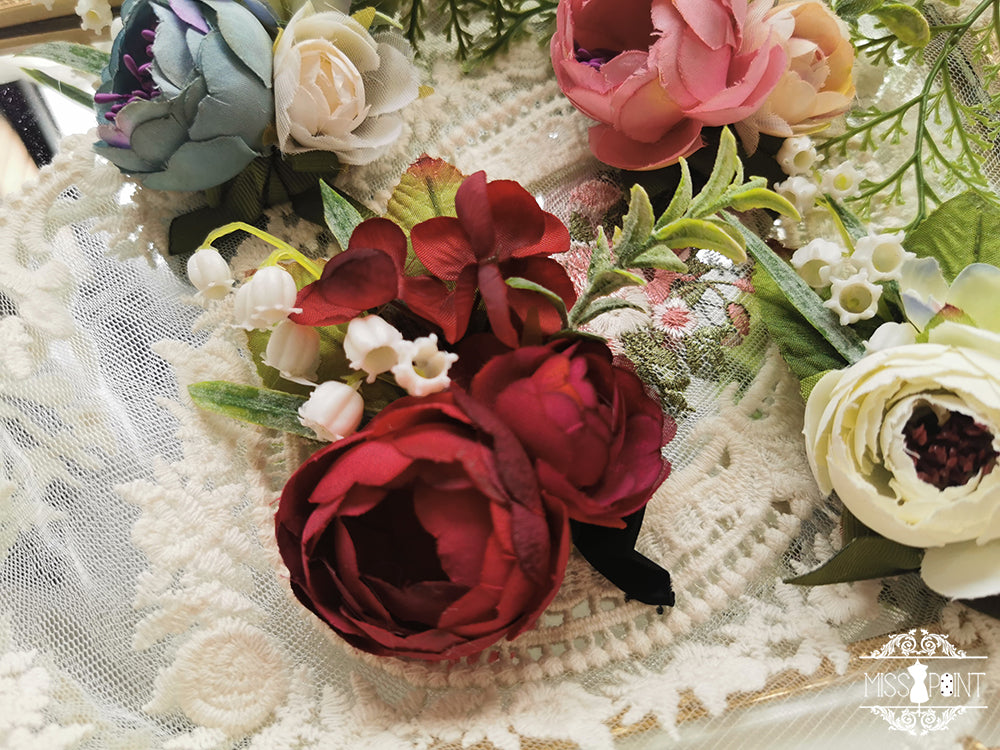 Miss Point - The Sally Gardens - Elegant Lolita Lace Choker and Brooch dual use small fabric flower- red