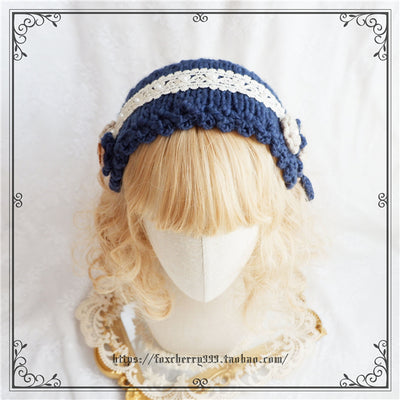 Fox Cherry~Vintage Pastoral Handmade Knitting Flower Hairband dark blue  