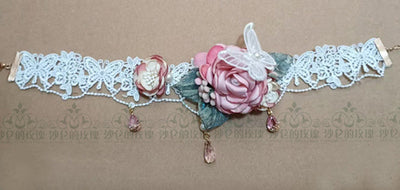 Rose of Sharon~French Rose Flower Lace Lolita Choker grey green leaf choker  