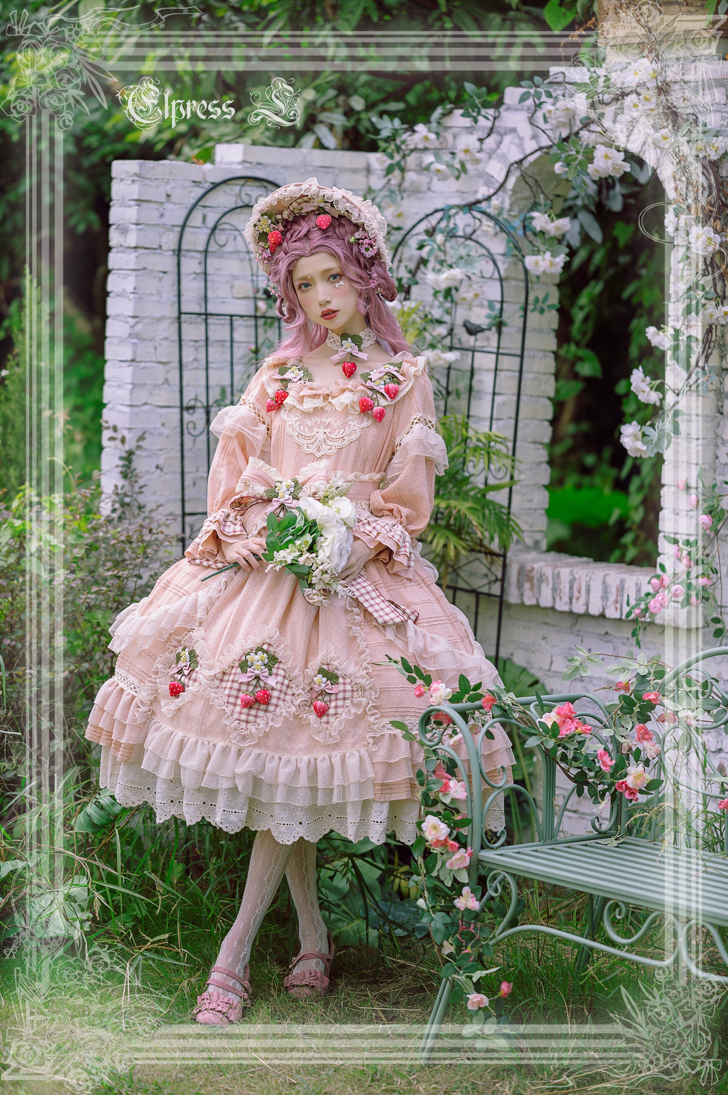 Elpress L~Peach Fragrance~Country Lolita Multicolors Strawberry Lolita OP Dress 3022:29635