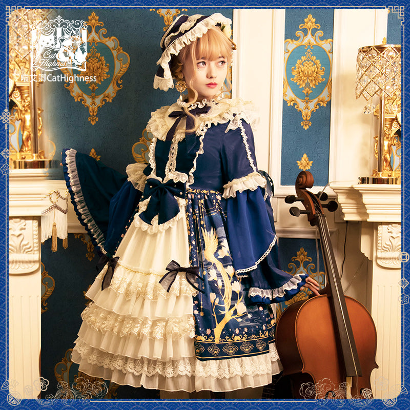Cat Highness - Christmas New Year Han Lolita OP Dress S navy blue hat