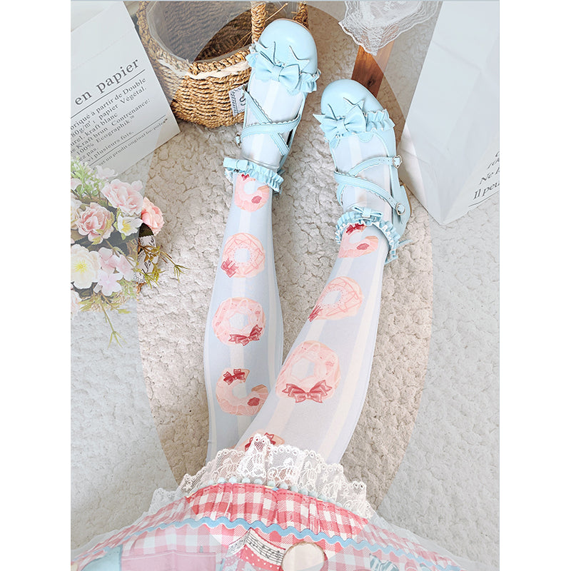 Roji roji - Doughnut Printed Velvet Thigh Stockings One Size blue