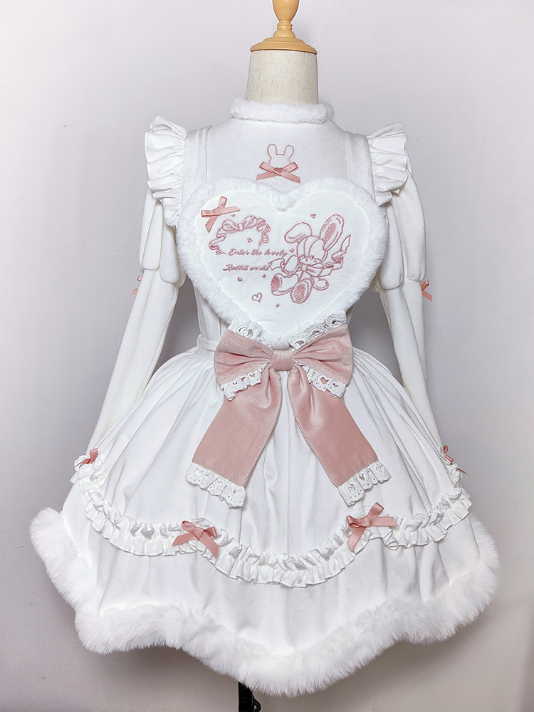 (Buyforme)Pink Fleece Rabbit Lolita Salopette Bubble Sleeve Blouse salopette S 