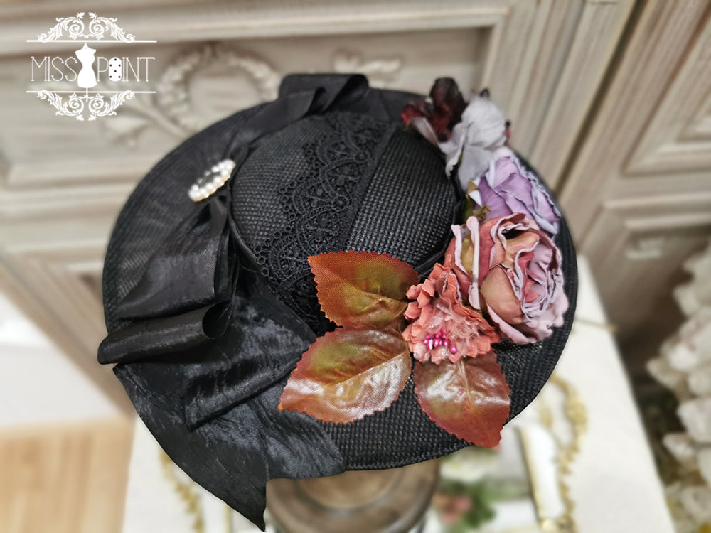 Miss Point - Woody Rose - Elegant Flower Lolita Hat black small hat (Replace brown leaves with green)