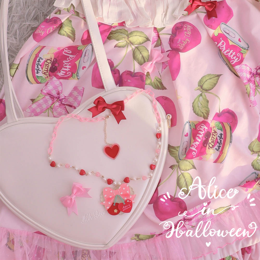 Halloween Alice - Sweet Cherry Lolita Plastic Necklace Ring pink chian cherry necklace