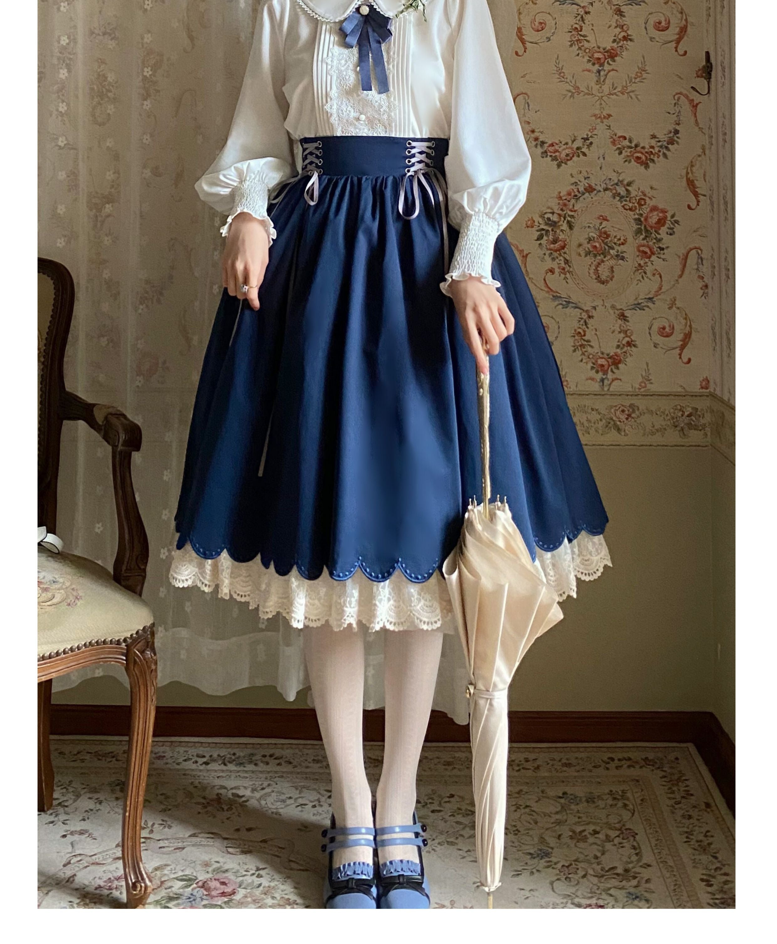 EESSILY - Countess's Autumn Tour - Retro Lolita Embroidery Long SK sk cyanotic small(S~M)