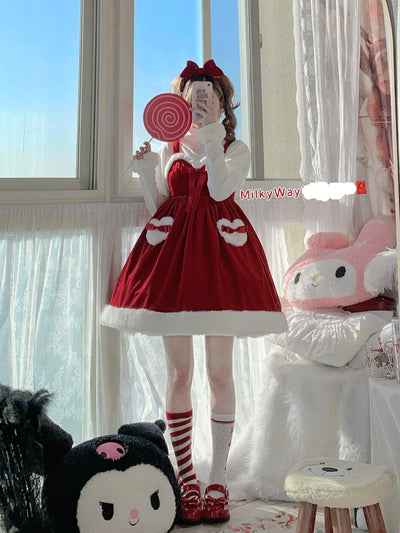 Milky Way~Christmas Snow Lolita JSK Dress Free size dark red with solid color ribbon 