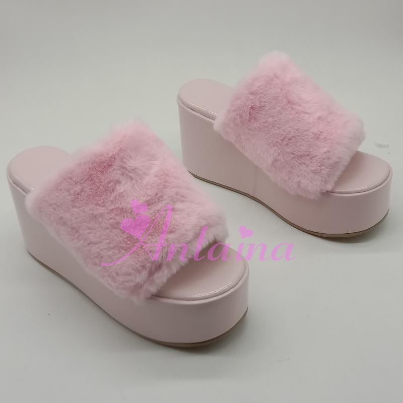 Antaina ~ Kawaii Lolita Pink Slipper Rabbit Fur Shoes 34 pink (back heel 9cm/front 5cm) 