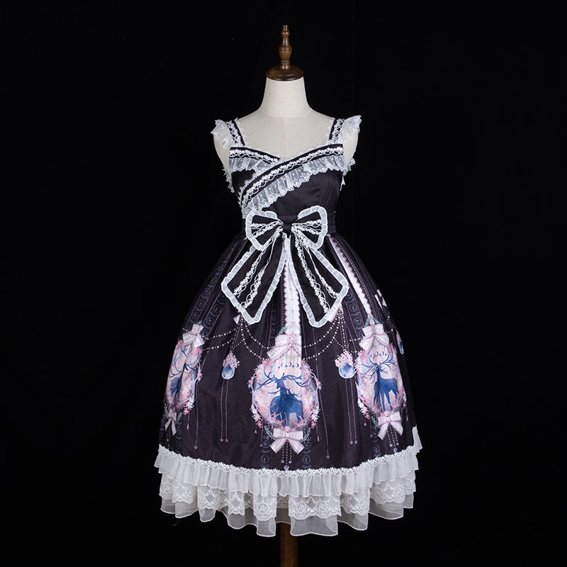 Sakurada Fawn~Nara Flowers Print Lolita Jumper Dress S black 
