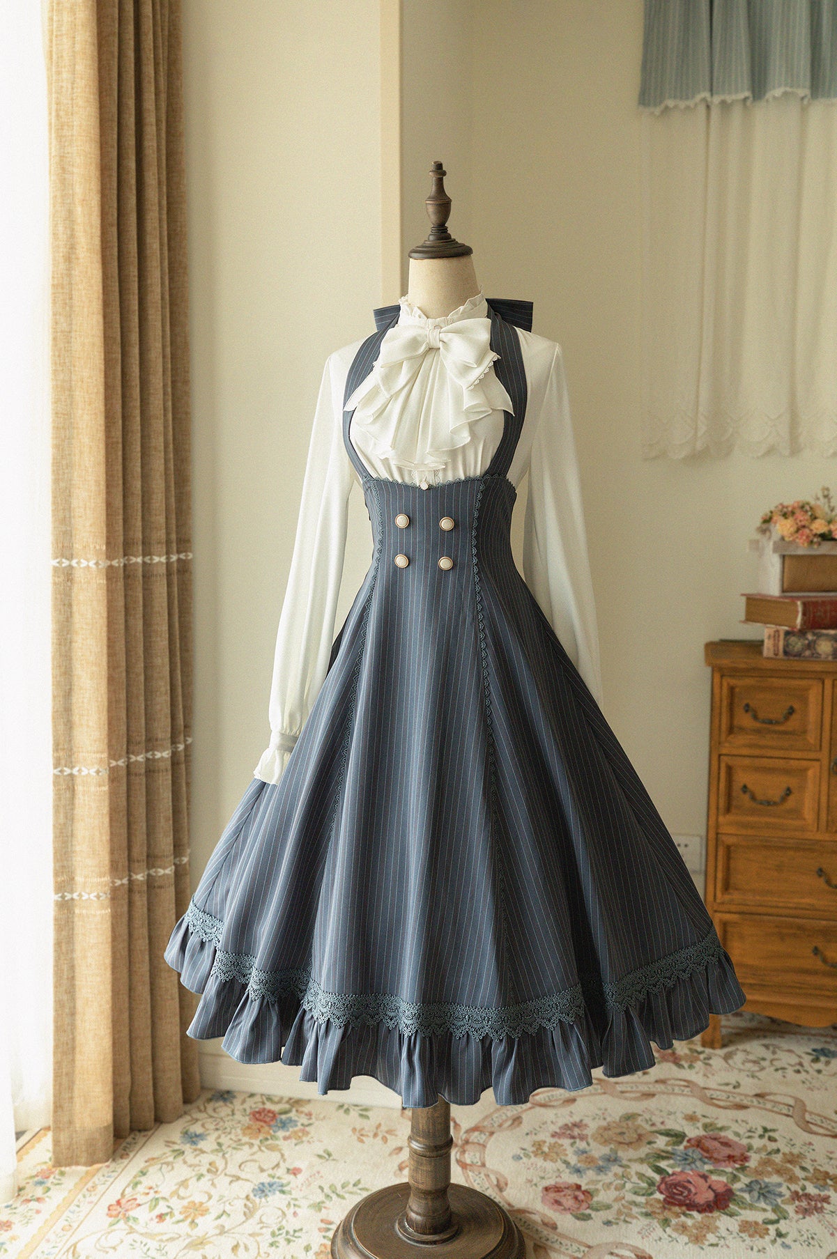 Forest Wardrobe - South of the Forest - Vintage Lolita Halter JSK Dress, French Style Blouse S Grey Blue Striped JSK (pre-order)