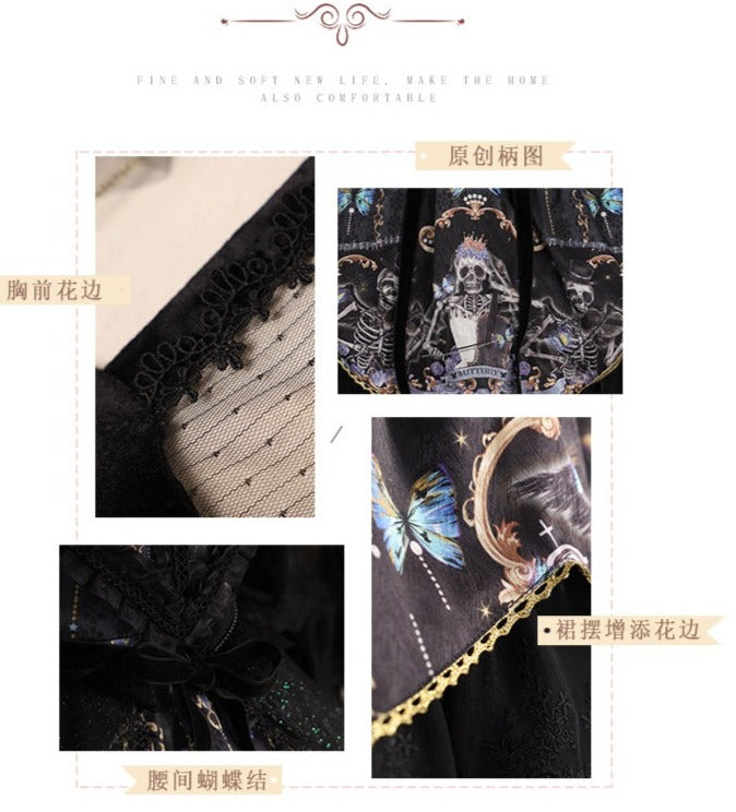 YingLuoFu Butterfly Movement Gothic Lolita Tea Party OP Dress S full set (OP dress+headwear+necklace+apron veil) 