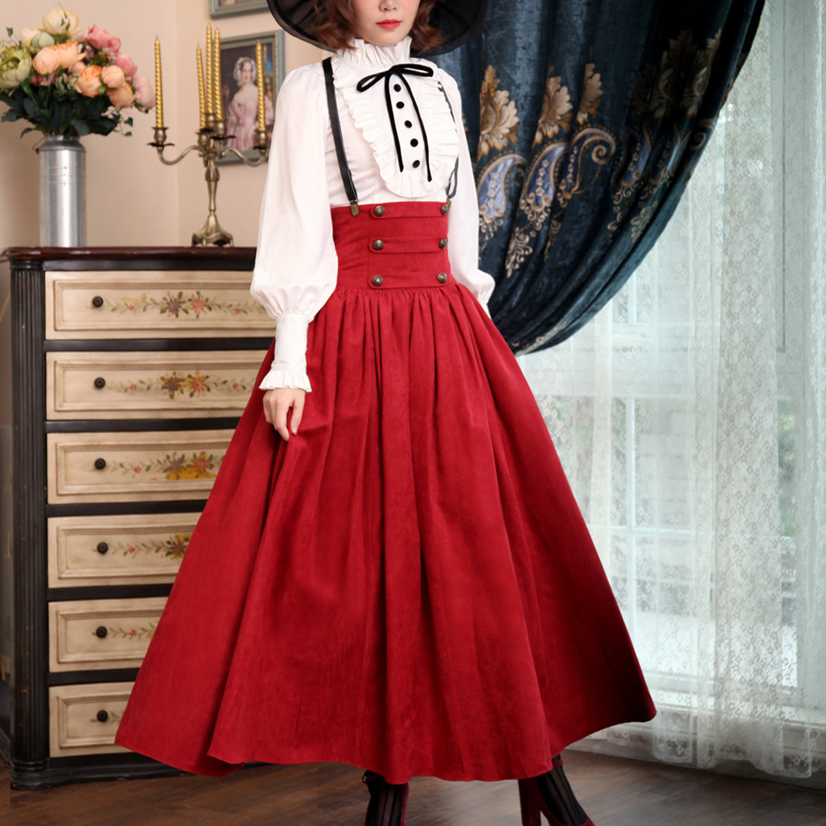(Buy for me) Lace Garden~Magic Academy~Retro Elegant Lolita Blouse and Skirt Set S red set（white blouse+red long skirt） 