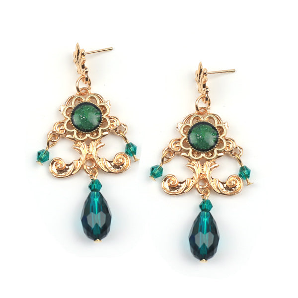 Rose of Sharon - French Lolita Baroque Vintage Pearl Earrings emerald epoxy+crystal ear studs