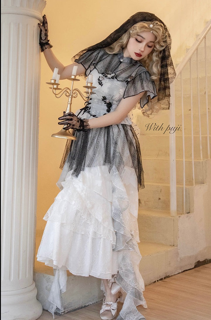 With PUJI~Never Rot Bones~Gothic Lolita Dress Bride Mermaid JSK Dress   