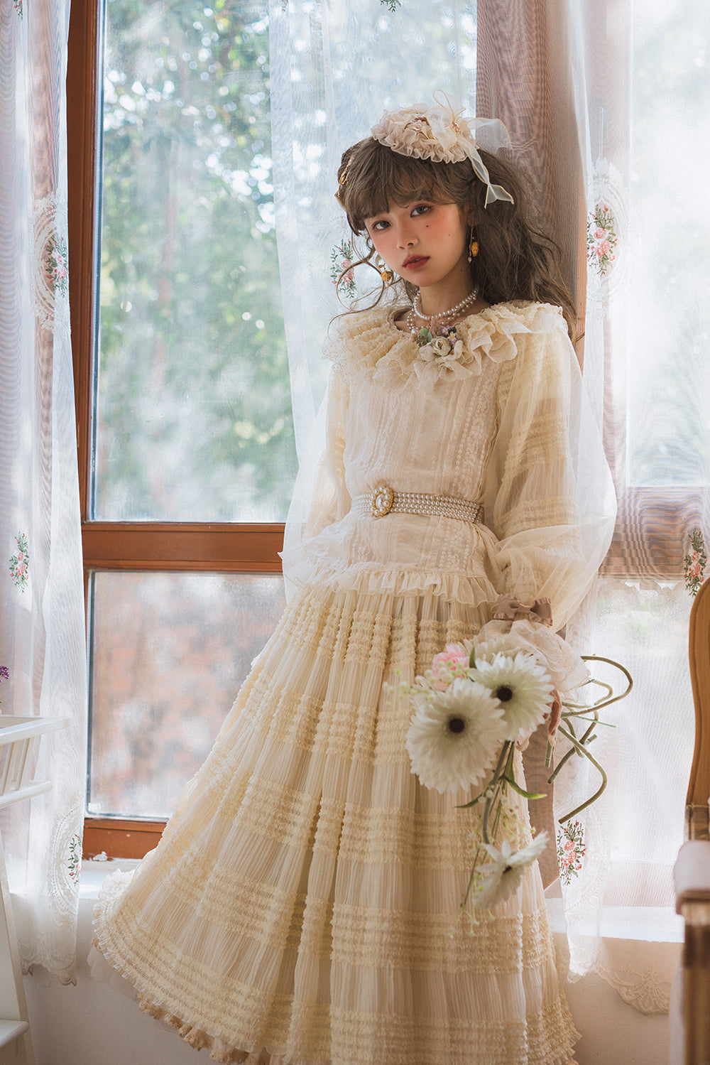 Miss Point~Icing Sugar~Elegant Retro Pure Color Lolita Long Skirt S ivory short 