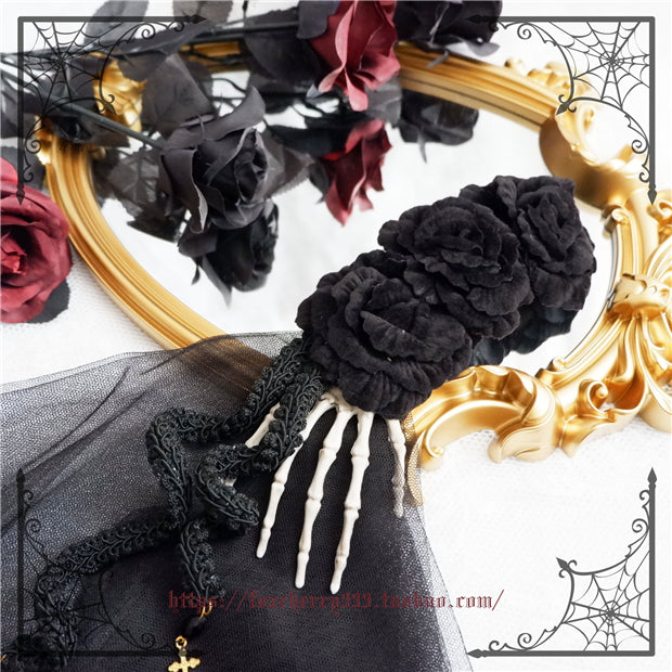 Fox Cherry~Gothic Flowers Hand Bone Cross Headdress free size flowers hand bone hair clip 