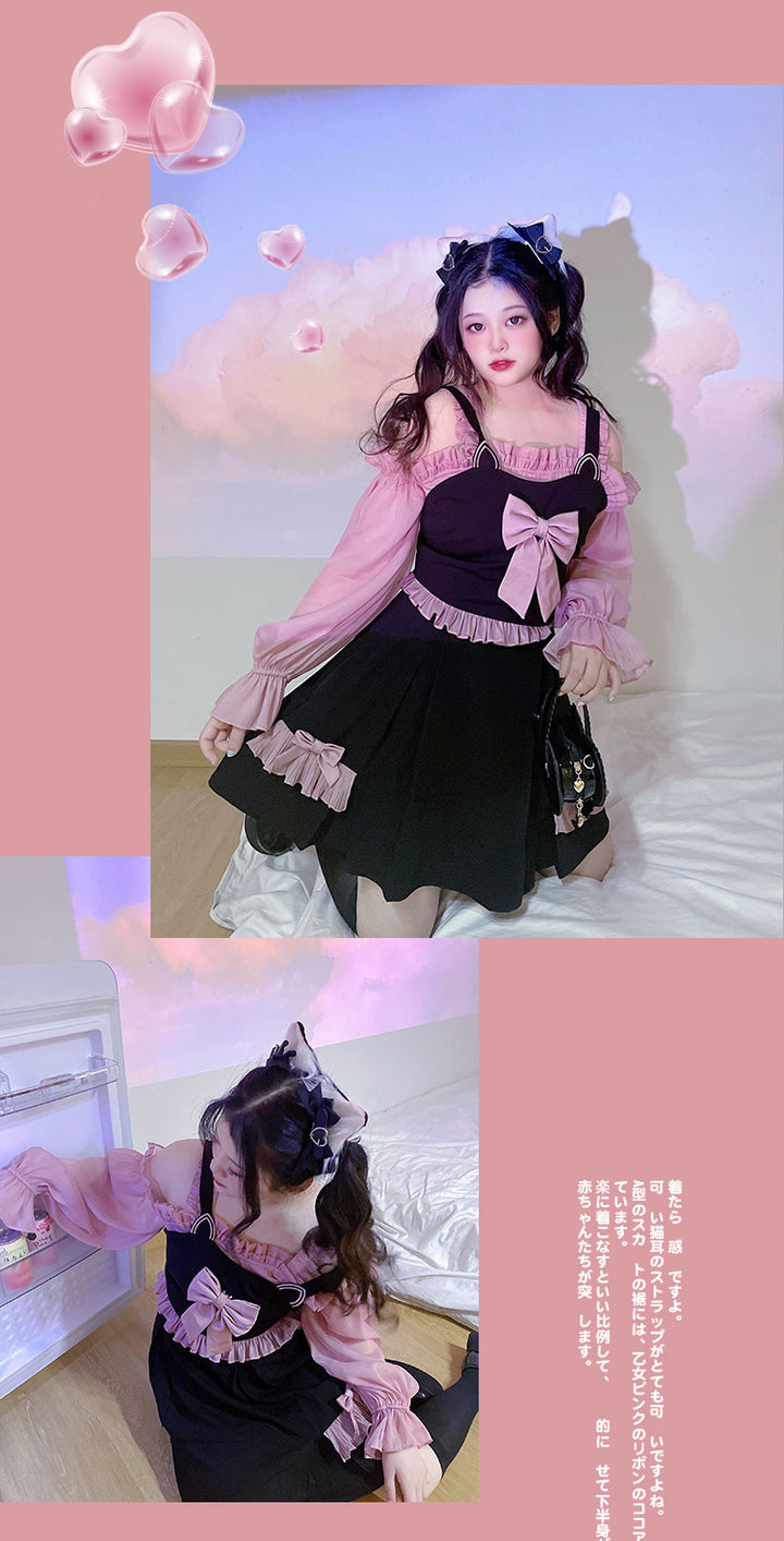 Yingtang~Plus Size Lolita Black Pink Cheongsam Dress Set 8218:104876