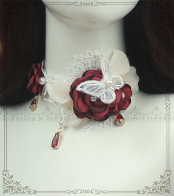Rose of Sharon~French Rose Flower Lace Lolita Choker burgundy choker  