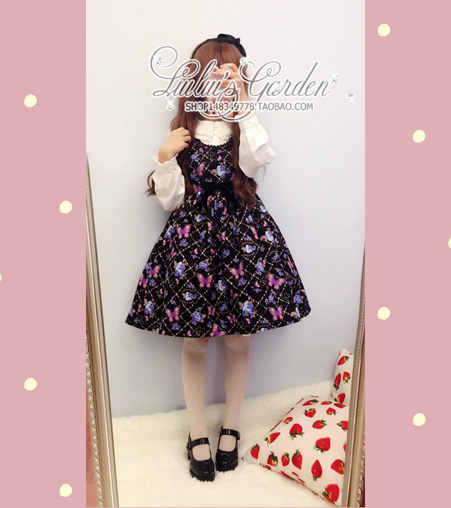 Lulus Garden Lolita~Butterfly Pattern Classic Lolita Dress L black 