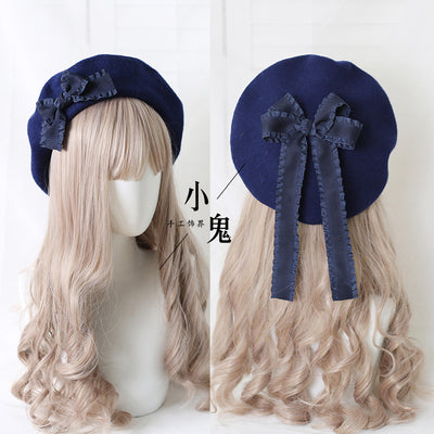 Xiaogui - Sweet Bow Multicolors Lolita Wool Beret M（56-58cm） dark blue hat with dark blue bows