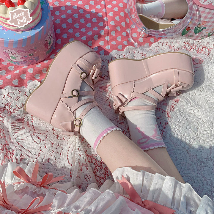 (Buy for me)Sheep Puff~ Sweet Lolita Bow Platform Shoes Multicolors   