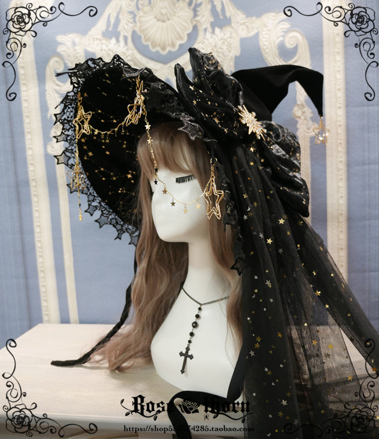 Rose Thorn~Polar Night Sky~Halloween Gorgeous Gilding Lolita Witch Hat   