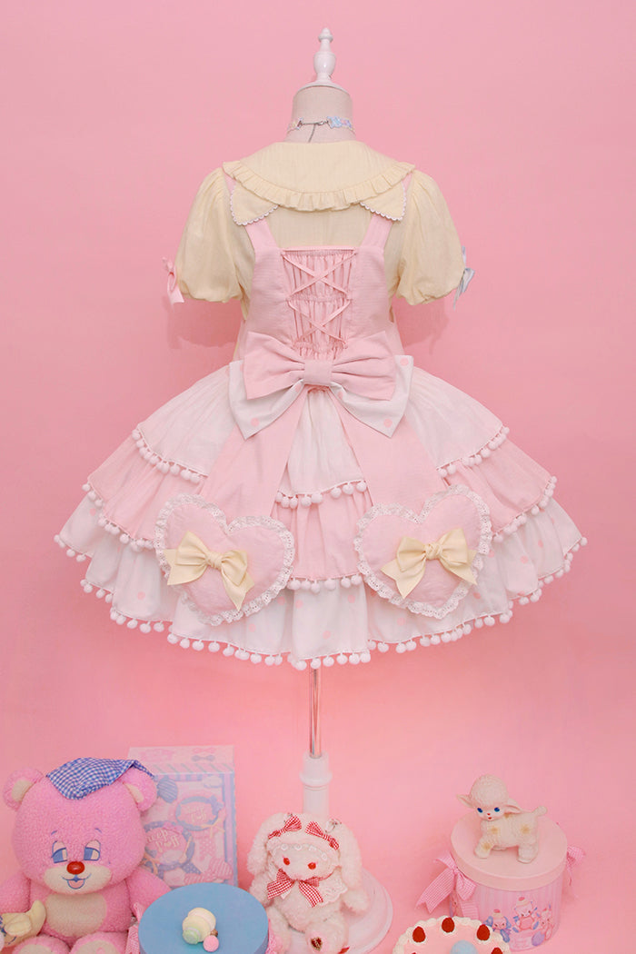 Alice Girl~Candy Cat~Sweet Lolita Dress Lovely Salopette XS pink-white（Salopette+back bow） 